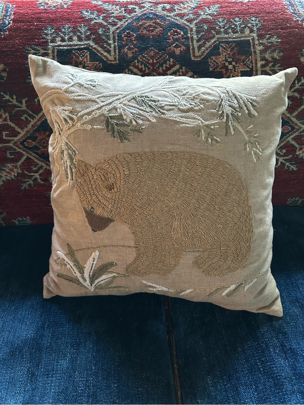 Embroidered Bear Accent Pillow - Neutral